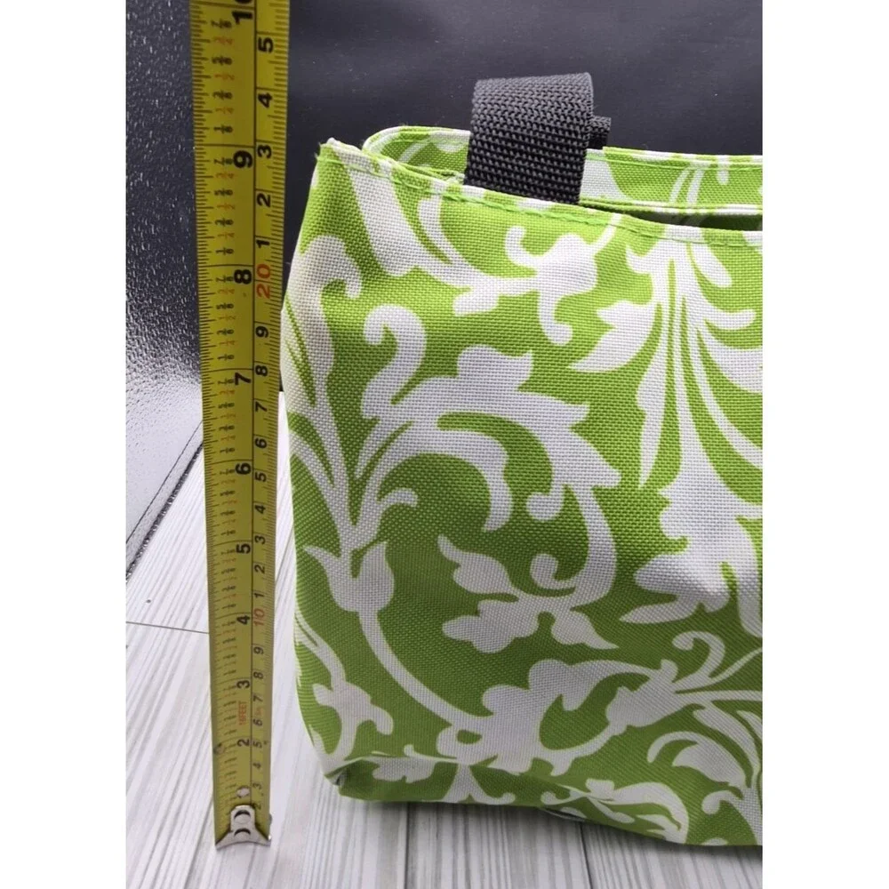 Nicole Miller Insulated Canvas Lunch Bag Green Damask Print Zippered Cooler Tote